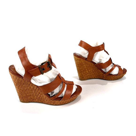 Jessica Simpson Heels Brown Leather Woven Wedge Sandals Size 8 - Picture 7 of 13